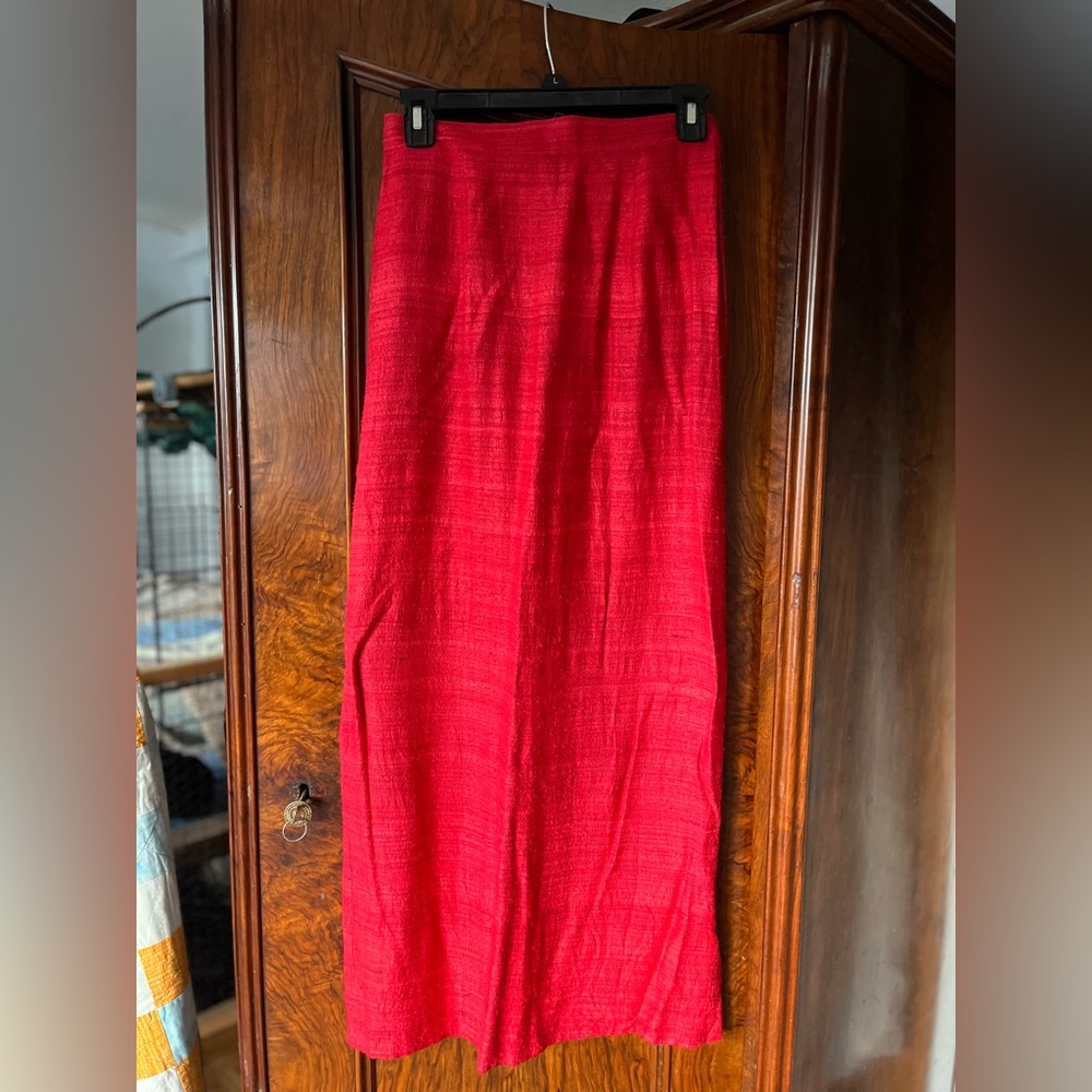 Pink Tomato Raw Silk Noil Midi Pencil Skirt